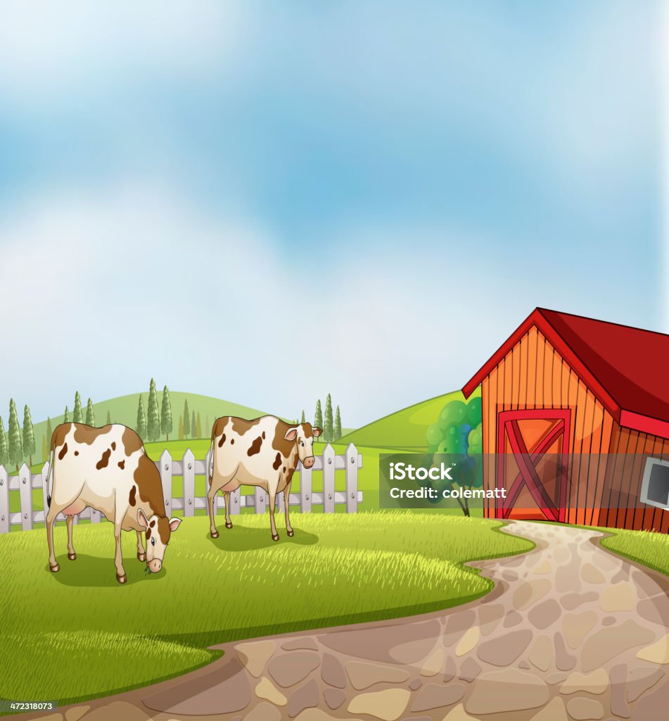 Два всех кантонах на ферме с barn и забор - Векторная графика Доить роялти-фри
