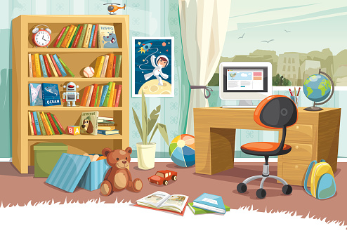 Illustration of a boy's room. Bookshelf, toys, books, desk and background are grouped and layered separately.
