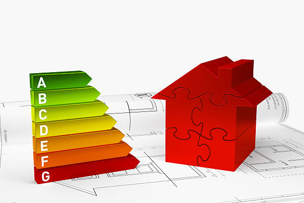 istock 3D abstract red puzzle house class rating bar on blueprint 472318532