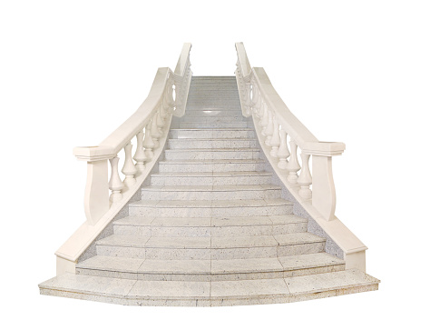 fragment of marble light stairs, railings, balusters, white background, isolated.