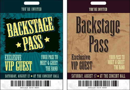 Vector illustration of a two Backstage Pass designs. Includes sample text design and design elements. Download includes Illustrator 8 eps, high resolution jpg and png file.