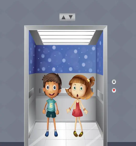 Vector illustration of Girl and a boy inside the elevator