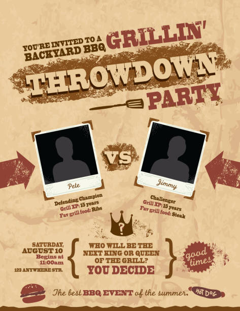 Barbecue Throwdown party invitation design template Vector illustration of a Barbecue Throwdown party invitation. Includes sample text design and elements. Includes two blank photo paper to include insert portraits of contestants as sample BBQ'er Bio copy. Download includes Illustrator 8 eps, high resolution jpg and png file.  championship photos stock illustrations