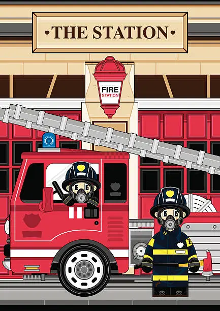 Vector illustration of Respo Fireman and Fire Engine Scene