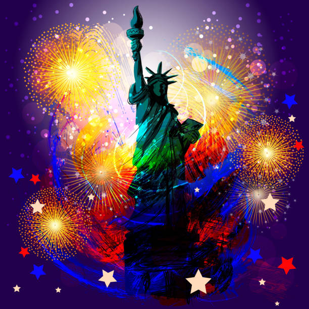 illustrations, cliparts, dessins animés et icônes de magnifique fond patriotique - statue of liberty liberty statue firework display