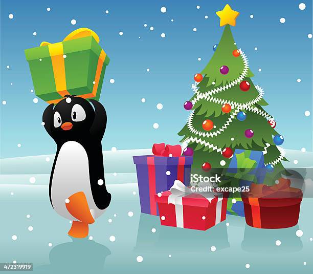 Pinguino È Il Suo Attuale - Immagini vettoriali stock e altre immagini di Albero di natale - Albero di natale, Pinguino, A forma di stella