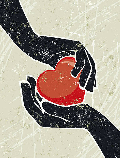 Hand's Cradling a Heart I give you my Heart! A stylized vector cartoon of hand's cradling a heart, reminiscent of an old screen print poster and suggesting love, romance, protection, healthy heart,  or marriage. Ideal for a Valentine's card. Heart, hand, paper texture, and background are on different layers for easy editing. Please note: clipping paths have been used, an eps version is included without the path. embracing illustrations stock illustrations