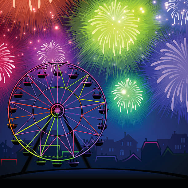 Festival Fireworks Festival fireworks with ferris wheel. EPS 10 file. Transparency effects used on highlight elements. ferris wheel stock illustrations