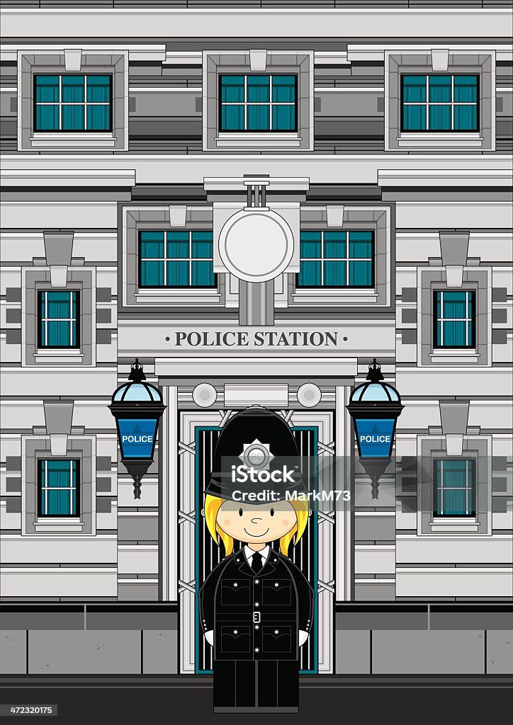 Cute Policewoman at Police Station Vector illustration of a female British Police Officer in traditional uniform outside a Police station.  Cartoon stock vector