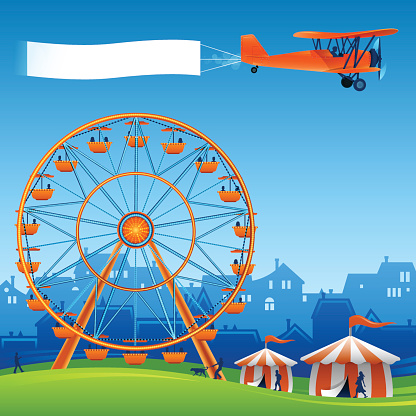 Festival background with copy space, biplane and ferris wheel. EPS 10 file. Transparency effects used on highlight elements.