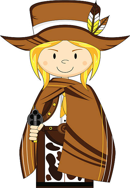 Cute Little Cowgirl in Poncho Vector Illustration of a cute Wild West Cowgirl in poncho with pistols. girl with cowboy hat stock illustrations