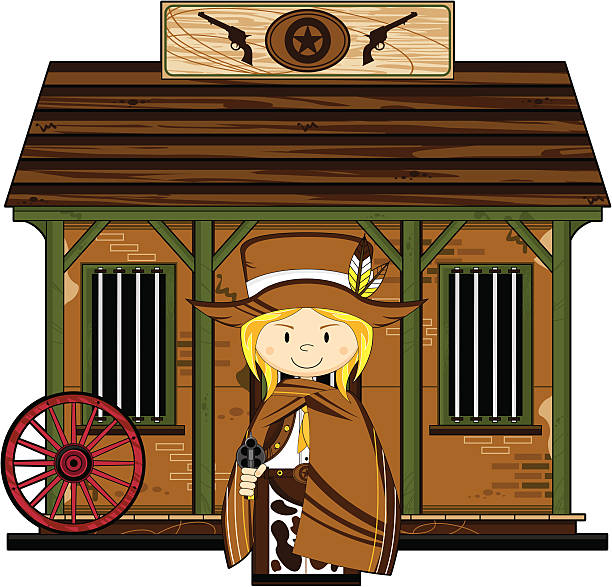 Cowgirl at the Jailhouse Vector Illustration of a cute Wild West Cowgirl at the Jailhouse. girl with cowboy hat stock illustrations