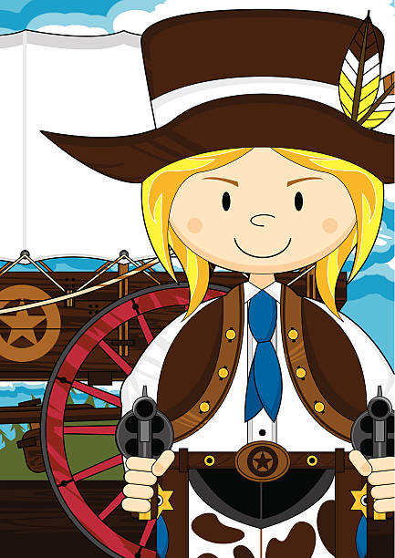 Cartoon Cowgirl & Chuck Wagon Vector Illustration of a cute masked Wild West Cowgirl & chuck wagon. girl with cowboy hat stock illustrations