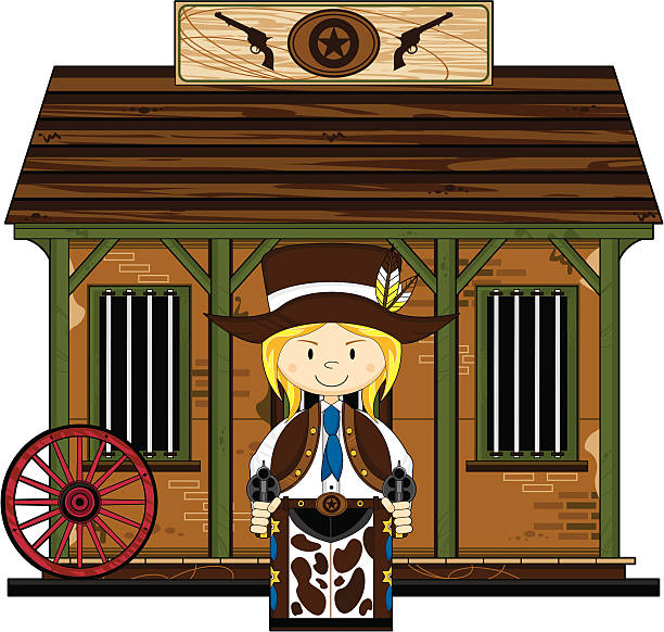 Cowgirl at the Jailhouse Vector Illustration of a cute Wild West Cowgirl at the Jailhouse. girl with cowboy hat stock illustrations