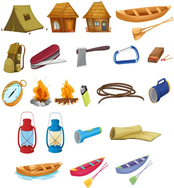 Vector illustration of A colorful poster displaying camping gears