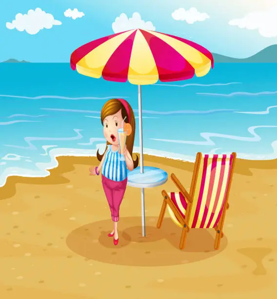 Vector illustration of Girl at the beach with an orange juice