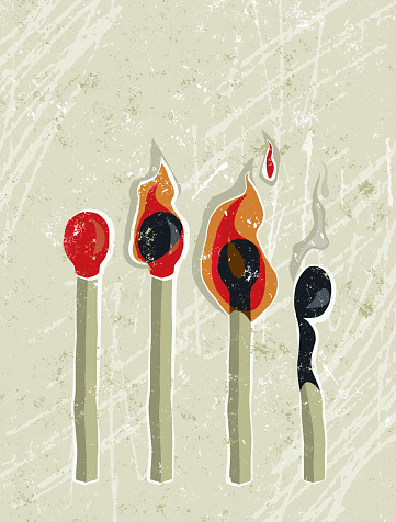 Burned Out! A stylized vector cartoon of 4 matches at various stages, reminiscent of an old screen print poster and suggesting time passing, consequences, risk, danger, flame, burned out, flash in the pan or fragility. Matches, flames, paper texture, and background are on different layers for easy editing. Please note: clipping paths have been used, an eps version is included without the path.