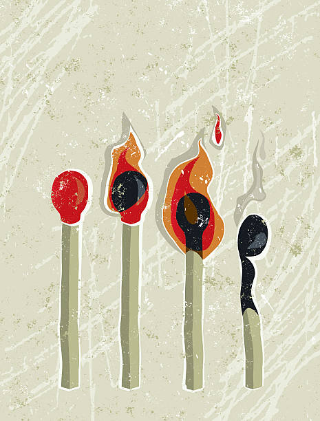 Four Matches, Lit, Unlit and Burned Burned Out! A stylized vector cartoon of 4 matches at various stages, reminiscent of an old screen print poster and suggesting time passing, consequences, risk, danger, flame, burned out, flash in the pan or fragility. Matches, flames, paper texture, and background are on different layers for easy editing. Please note: clipping paths have been used, an eps version is included without the path. mental burnout stock illustrations