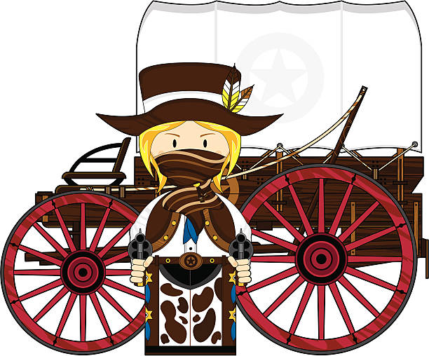 illustrazioni stock, clip art, cartoni animati e icone di tendenza di wild west cowgirl & chuck wagon - wagon wheel