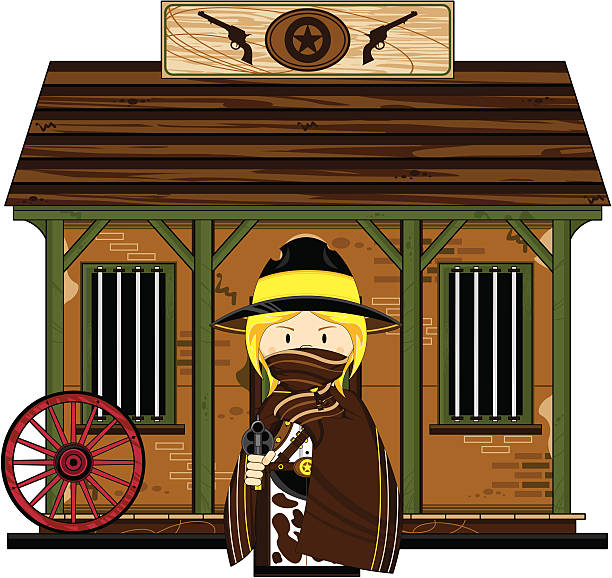 Masked Cowgirl at the Jailhouse Vector Illustration of a cute masked Wild West Cowgirl at the Jailhouse. girl with cowboy hat stock illustrations