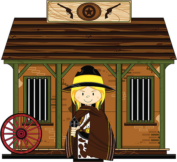 Cowgirl at the Jailhouse Vector Illustration of a cute Wild West Cowgirl at the Jailhouse. girl with cowboy hat stock illustrations