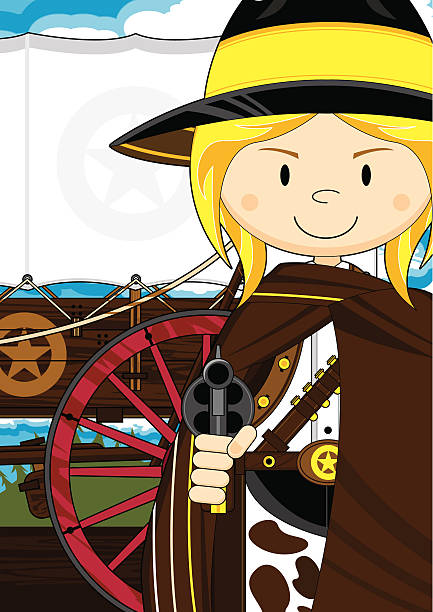 Cartoon Cowgirl & Chuck Wagon Scene Vector Illustration of a cute Wild West Cowgirl & chuck wagon scene. girl with cowboy hat stock illustrations