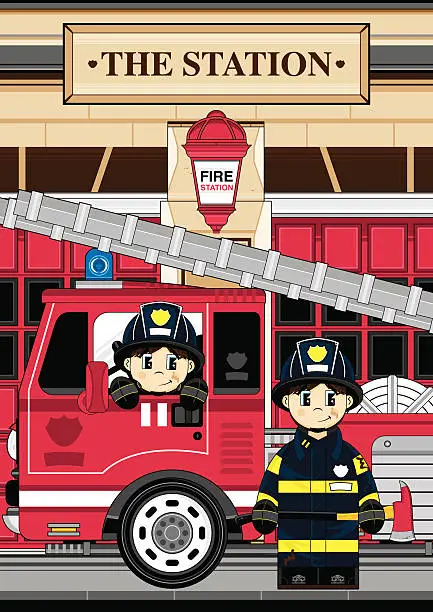Vector illustration of Fireman and Fire Engine Scene
