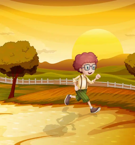 Vector illustration of Sunset view with a boy running