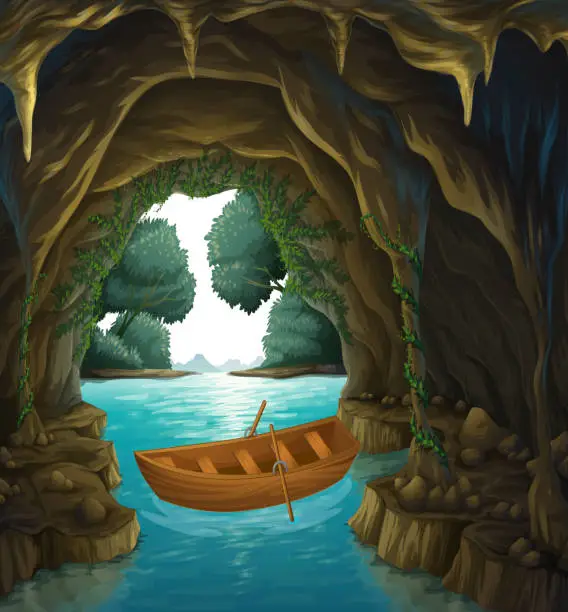 Vector illustration of Boat in the cave