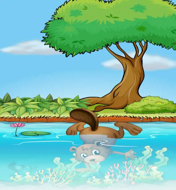 Vector illustration of Beaver diving underwater