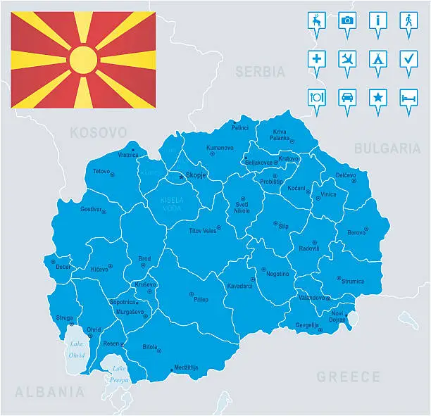 Vector illustration of Map of Macedonia - states, cities, flag, navigation icons