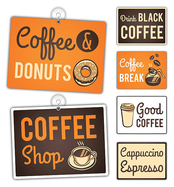 ilustrações, clipart, desenhos animados e ícones de coffee shop placas - white background sign old fashioned store sign