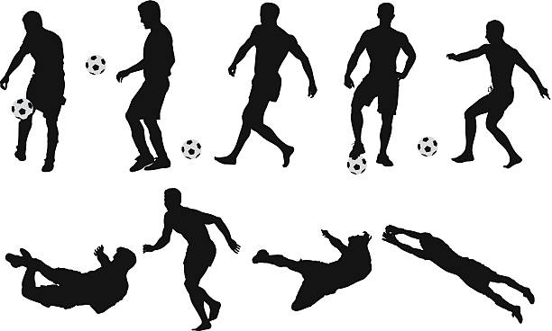 ilustrações de stock, clip art, desenhos animados e ícones de silhuetas de jogador de futebol - soccer player kicking soccer goalie