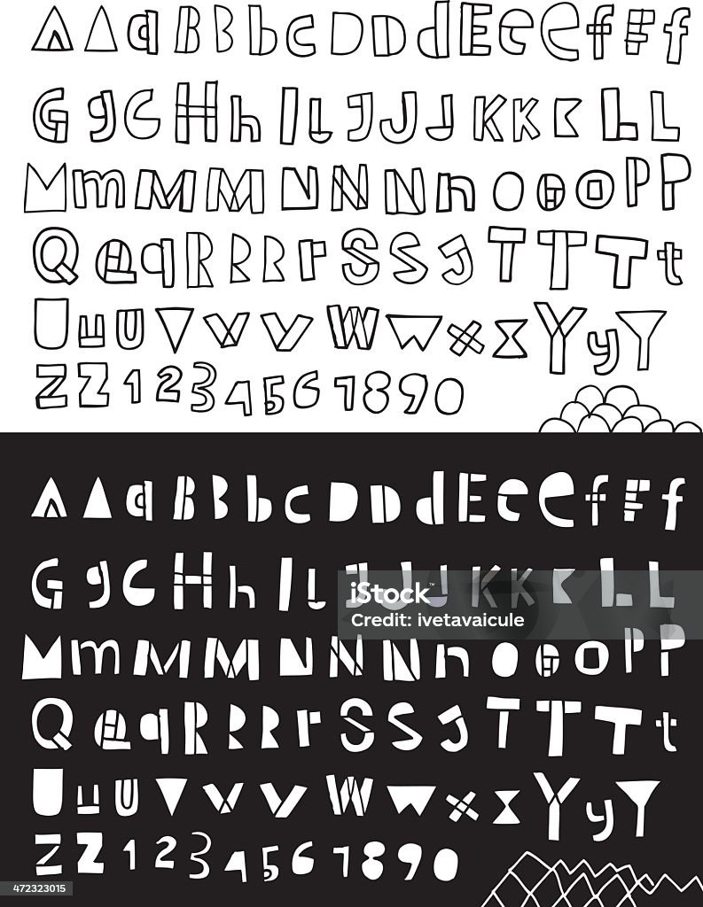 alphabet dessiné à la main sur fond noir et blanc - clipart vectoriel de Griffonnage libre de droits