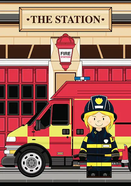 Vector illustration of Female Fire Truck & Firefighter