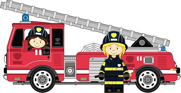 Vector illustration of Fire Truck & Female Firefighters