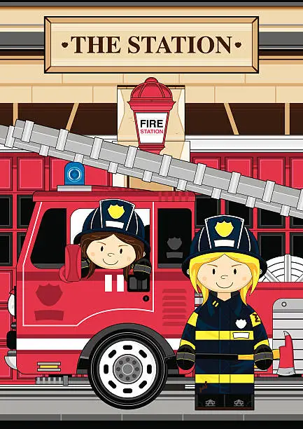 Vector illustration of Female Fire Truck & Firefighters