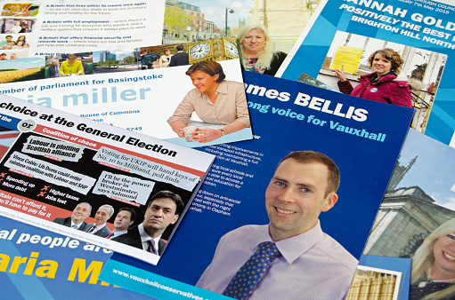Basingstoke, UK - May 3, 2015:  Campaign leaflets from Conservative Party Candidates across the UK hoping to be elected in the General and local elections in May 2015.
