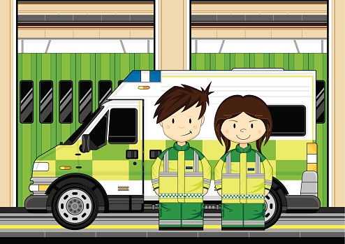 Vector illustration of cute Paramedics with Ambulance at Station.