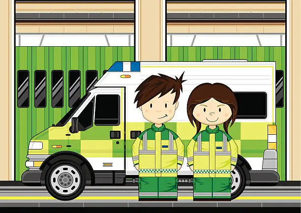 Vector illustration of Paramedics with Ambulance Scene