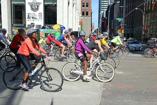 New York, USA. MAY 3, 2015: The Five Boro Bike Tour saw more than 30,000 cyclists of all levels participate in the weekend event which closed city streets all around Manhattan.