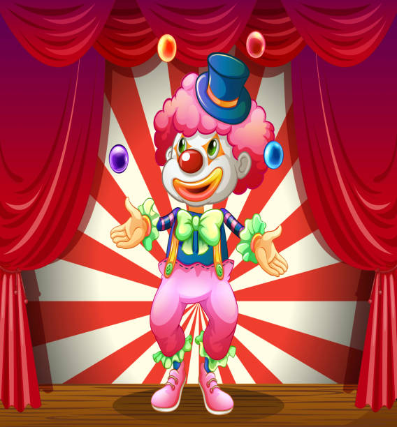 illustrazioni stock, clip art, cartoni animati e icone di tendenza di clown al centro della scena - curtain red color image clown