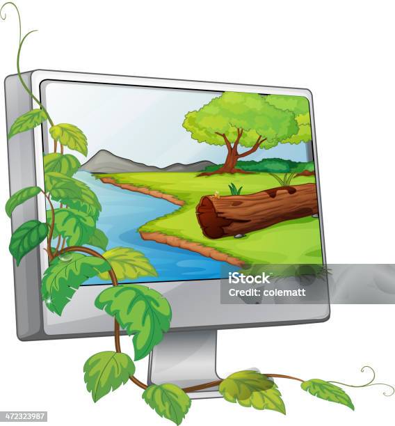 Monitor Mostrando Um Rio Na Floresta - Arte vetorial de stock e mais imagens de Arbusto - Arbusto, Azul, Branco