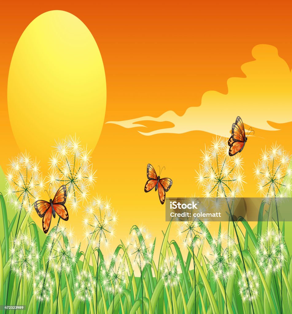 Atardecer paisaje con tres orange mariposas - arte vectorial de Abdomen animal libre de derechos