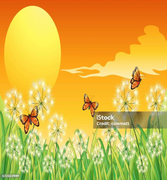 Ilustración de Atardecer Paisaje Con Tres Orange Mariposas y más Vectores Libres de Derechos de Abdomen animal - Abdomen animal, Aire libre, Amarillo - Color