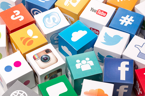 Sakarya, Turkey - May 1, 2015: Paper cubes with Popular social media services icons. 