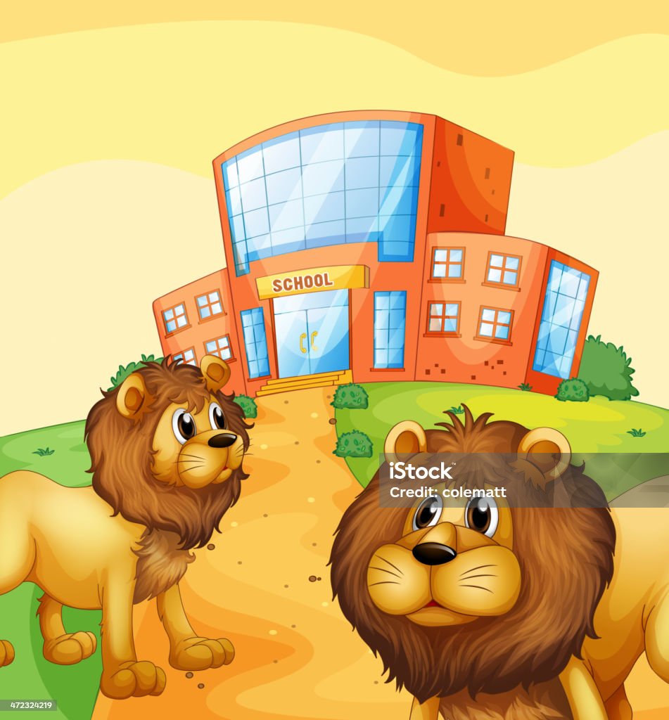 Dois leões selvagem em frente a um prédio escolar - Vetor de Animal royalty-free