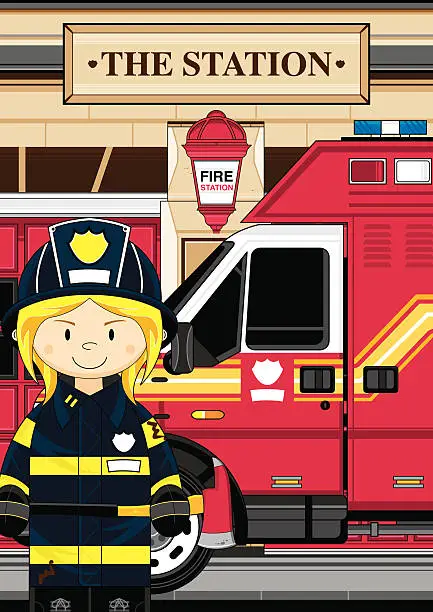 Vector illustration of Fire Truck & Female Firefighter