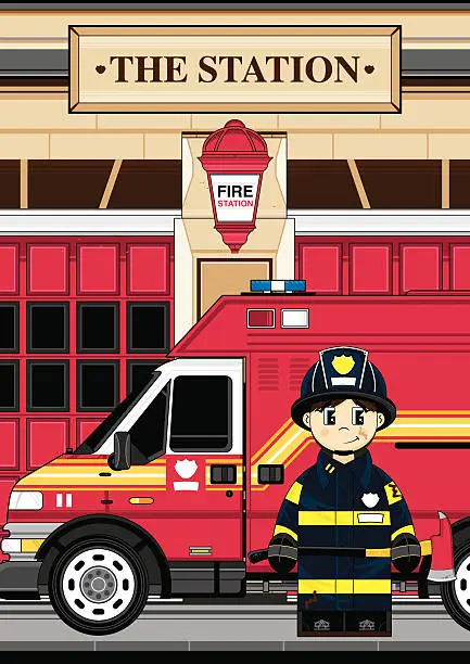 Vector illustration of Fire Truck & Firefighter Scene