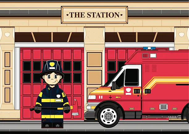 Vector illustration of Fire Truck & Firefighter Scene